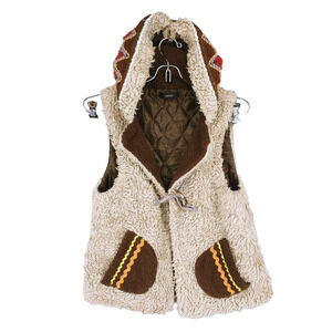 Millau Brown Fleece Faux Fur Vest Toggle Closure Quilted Lined Embroidered Sm